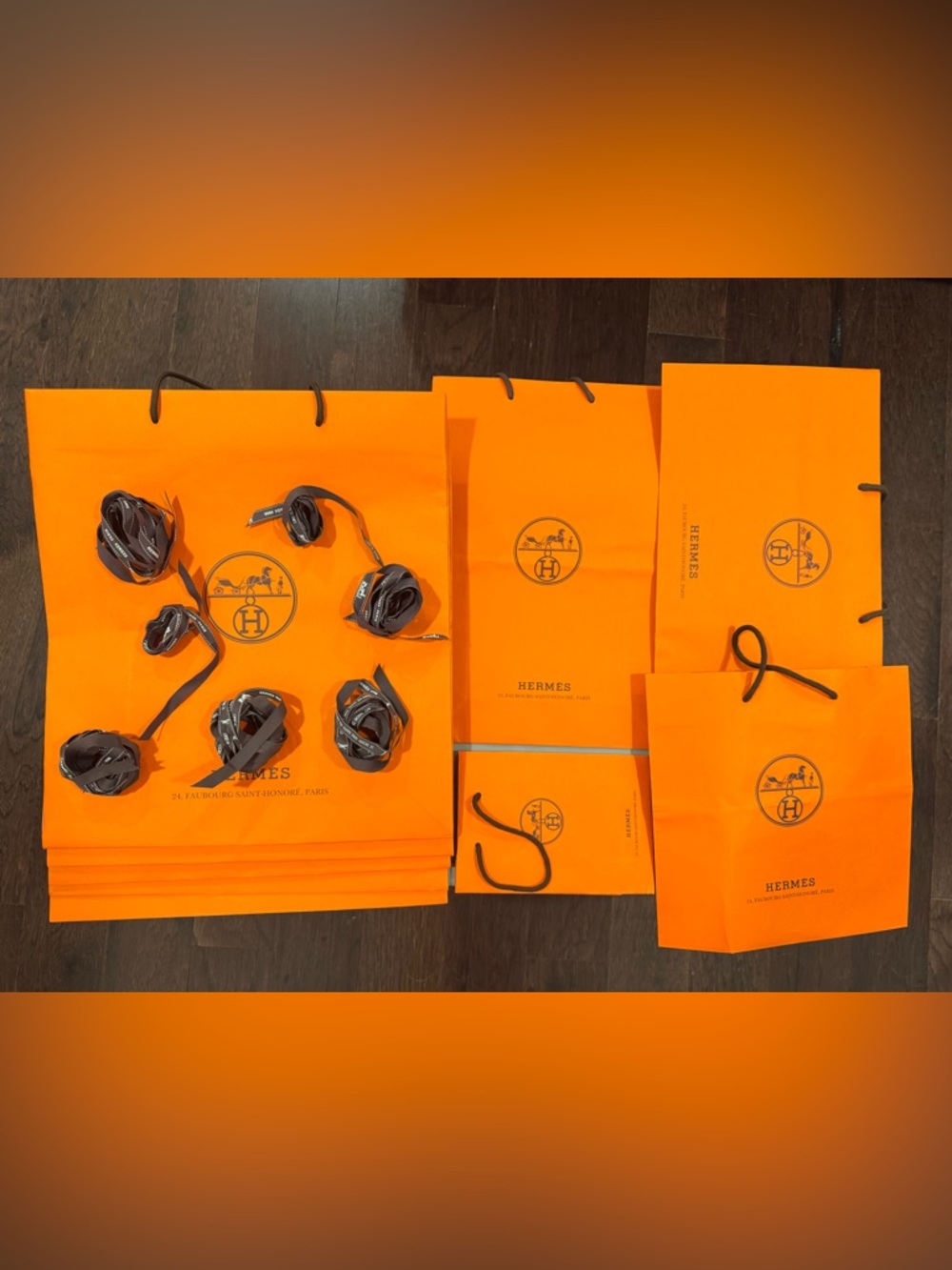 Set of 9 Hermes Orange Shopping Bags with Hermes Ribbons